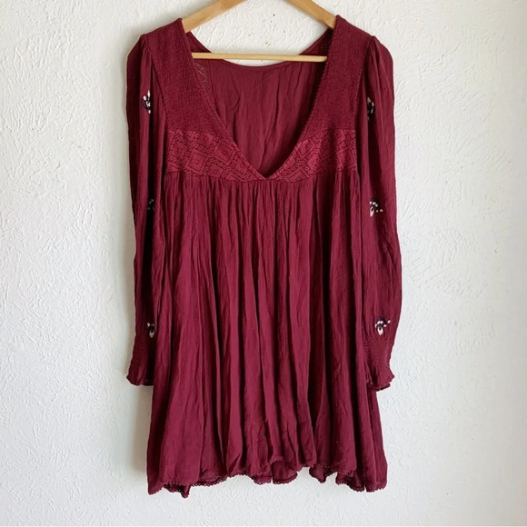 Free People Mohave Embroidered Mini Dress Maroon Sz XS - Picture 3 of 7